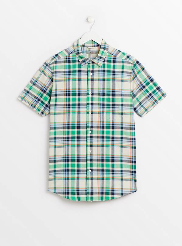 Green Check Slim Fit Short Sleeve Oxford Shirt  L